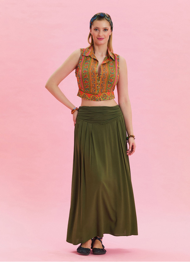 Khaki Bohemian Skirt with Elastic Waist and Drape Detail 4494